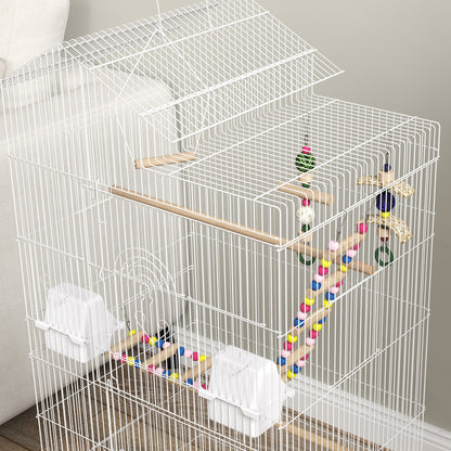 Pawhut Jaula Para Pájaros Con Puertas 4 Comederos Columpio 46x36x100 Cm Blanco_3