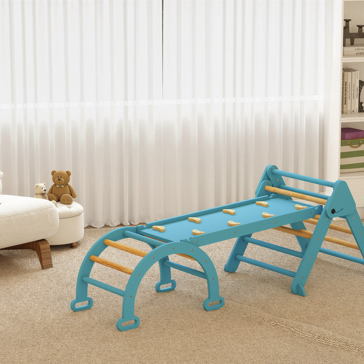 Aiyaplay 7 En 1 Triángulo De Escalada Montessori Con Arco Y Rampa 188x70 Cm Azul_3