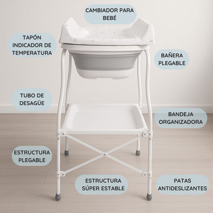 Bathby | Bañera Bebé 5 En 1 Plegable Con Soporte, Cambiador, Bandejas, Desagüe (gris Standard)_3