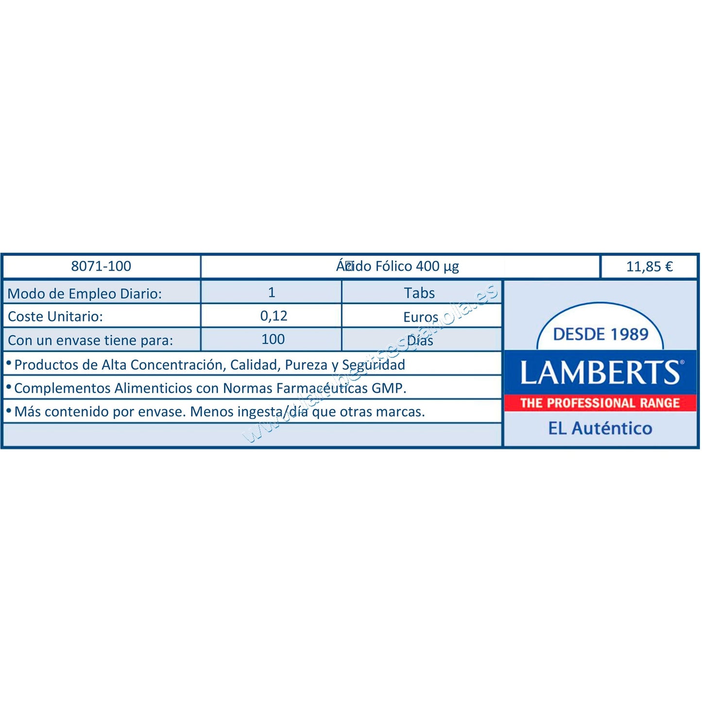 Ácido Fólico 100 tabletas de 400 μg, Lamberts