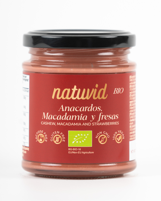 Crema de Anacardos, Macadamia y Fresas BIO Natuvid (200g) con Eritritol y Coco | Vegana y Sin Gluten_0