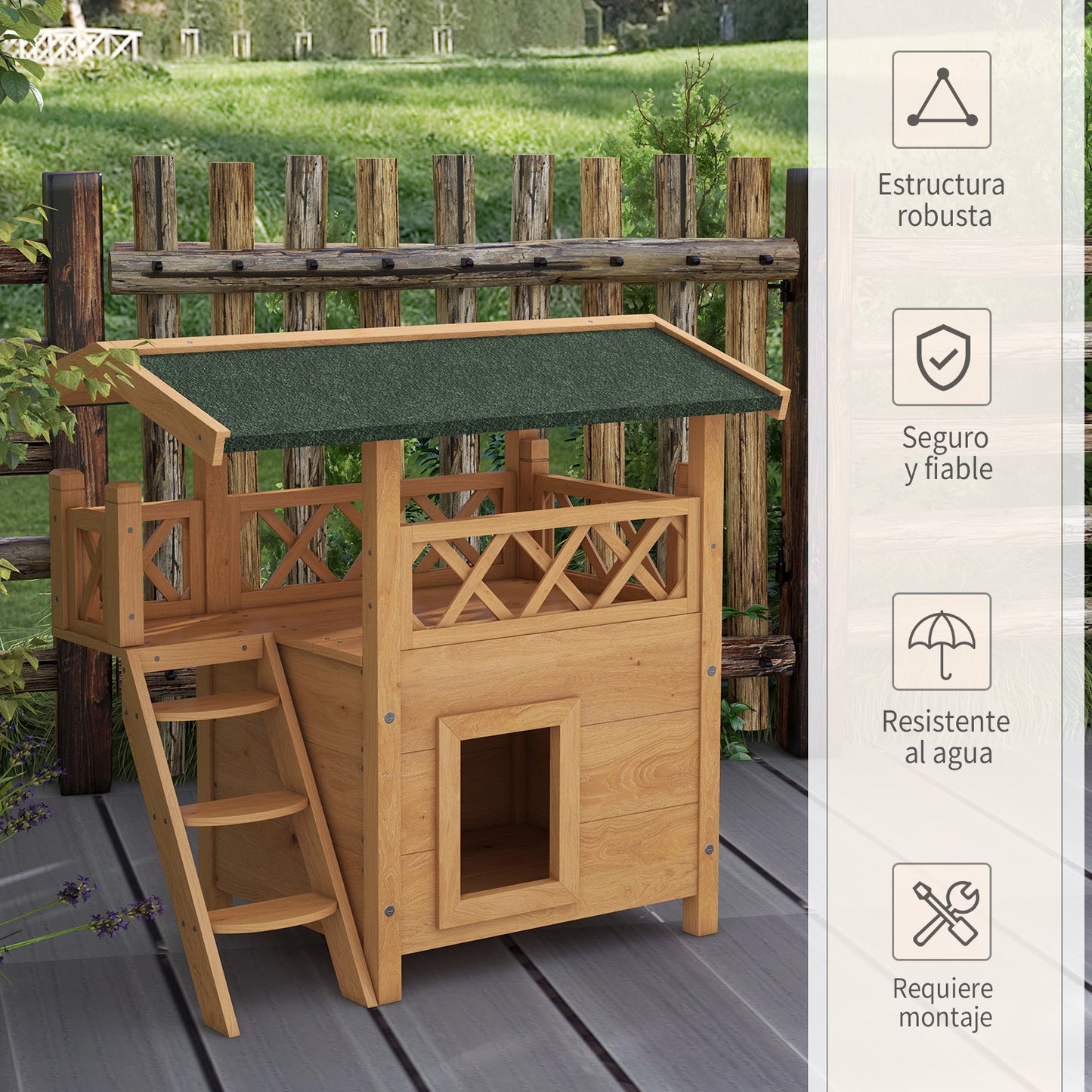 Pawhut Casa Para Gatos De Madera 77x50x73 Cmcon Techo Asfáltico Escalera Natural_5