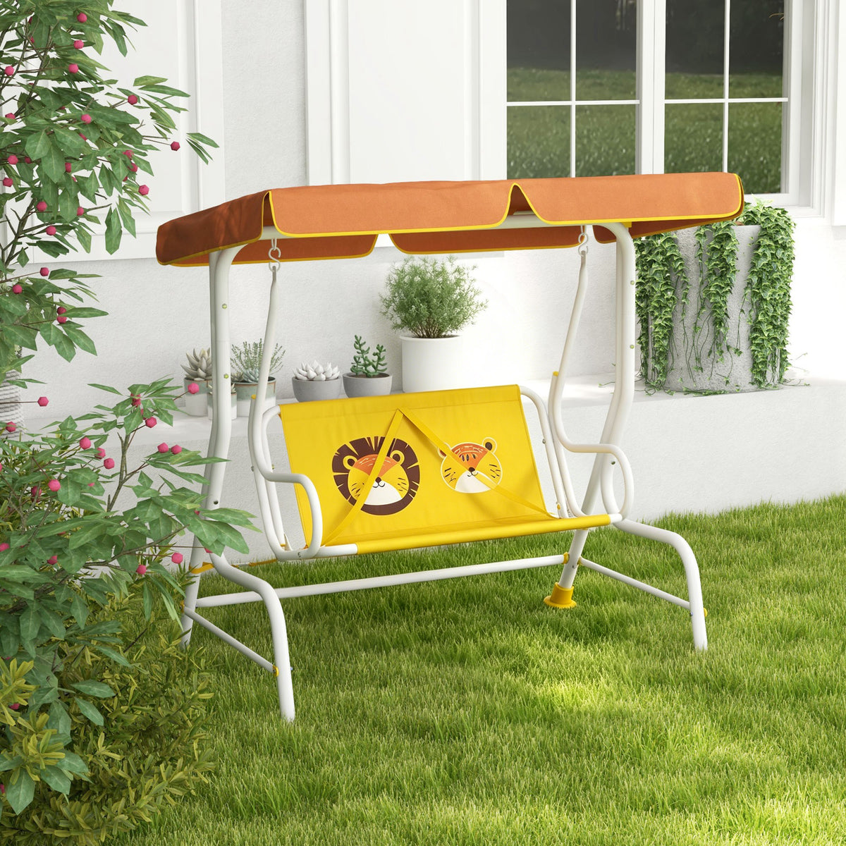 Outsunny Columpio De Jardín Infantil Con Patrón De León 110x70x110 Cm Amarillo_1