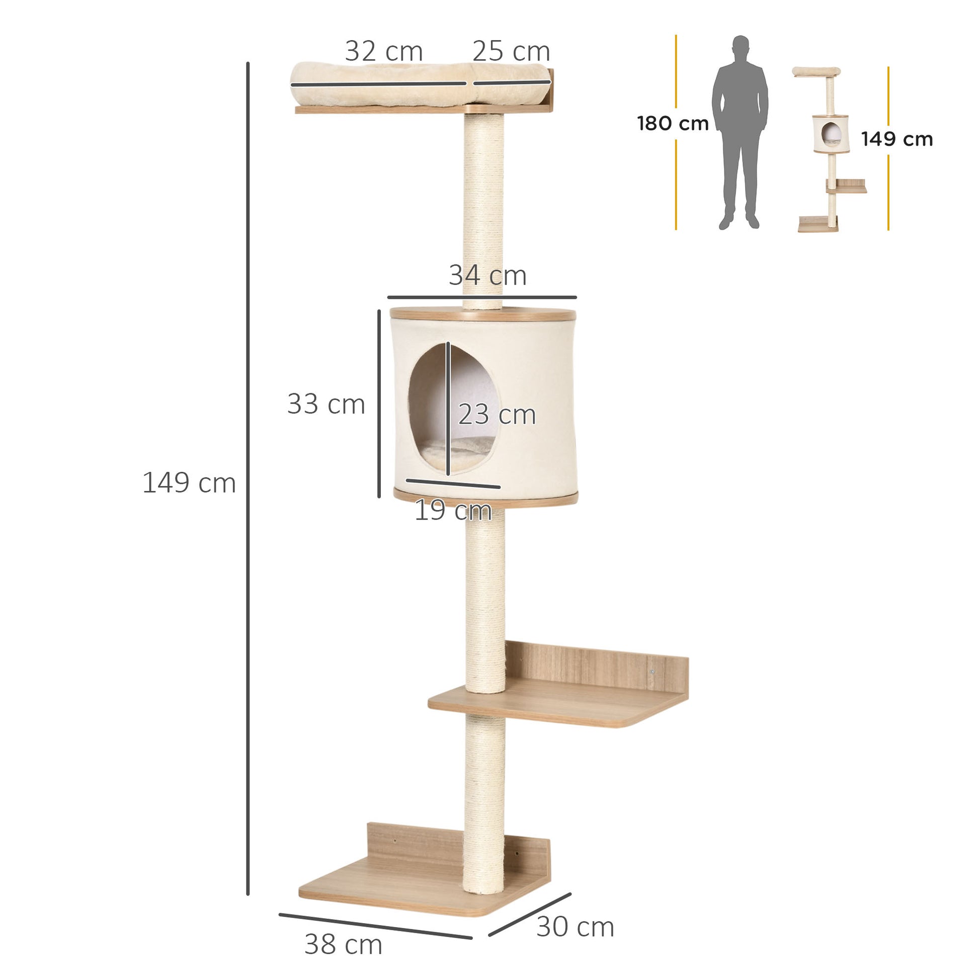 Pawhut Árbol Para Gatos De Pared Con Plataformas Cojín Extraíble Poste Rascador_2
