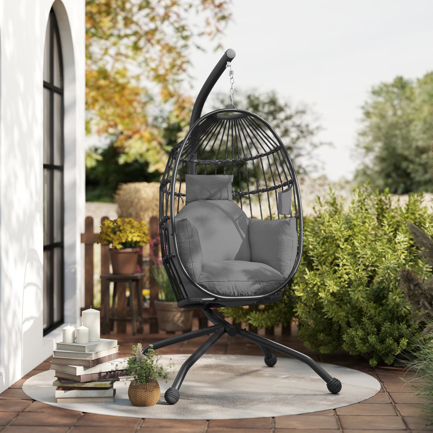 Outsunny Silla Colgante Huevo Con Soporte Cesta Plegable Cojín Carga 120kg Negro_4