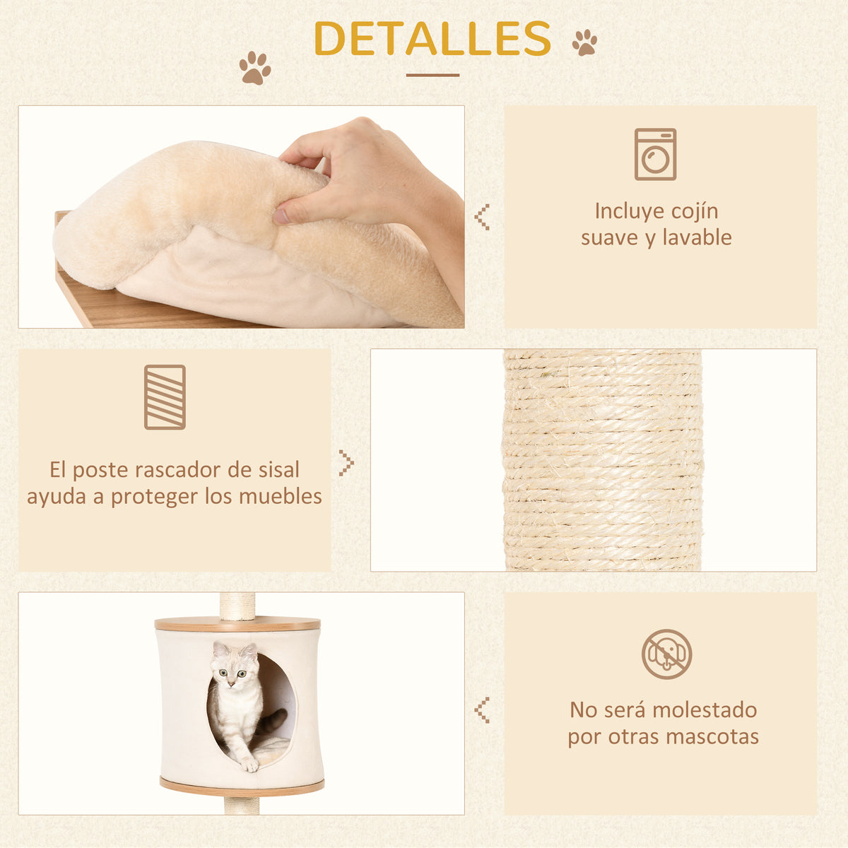 Pawhut Árbol Para Gatos De Pared Con Plataformas Cojín Extraíble Poste Rascador_5