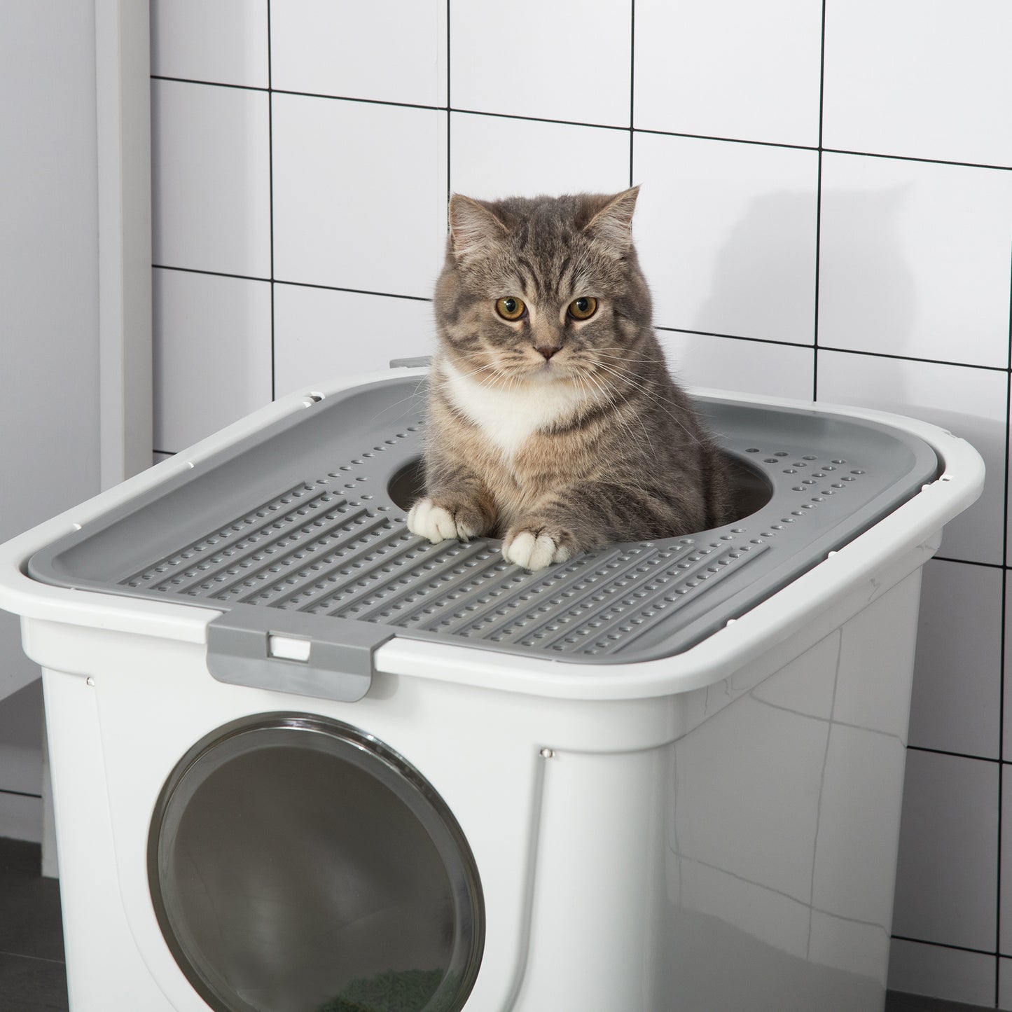 Pawhut Arenero Para Gatos Con Pala 2 Puertas 44x55x39 Cm Blanco Y Gris_3