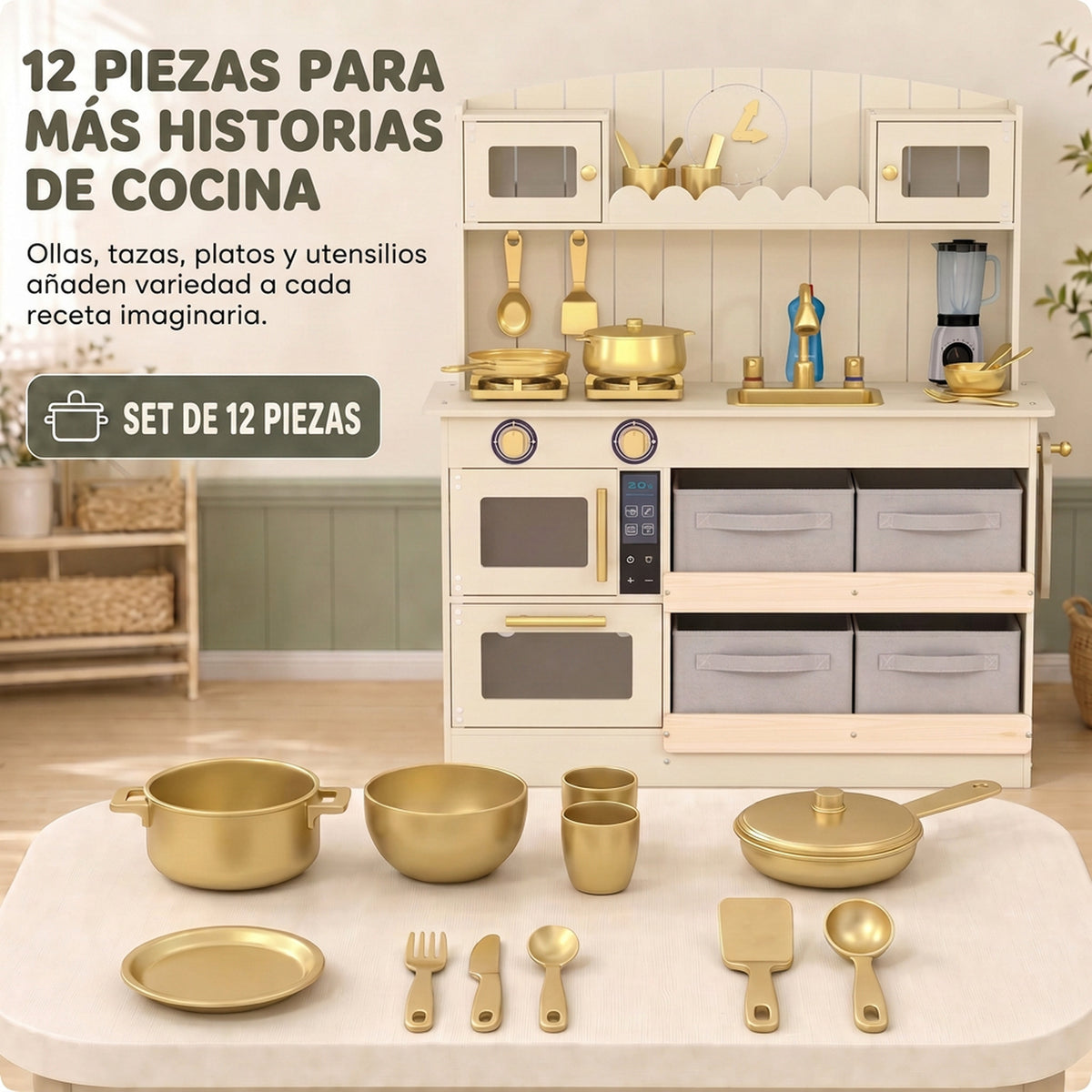 Aiyaplay Cocina De Juguete De Madera Con Luces Y Sonidos 4 Cestas De Tela Crema_5