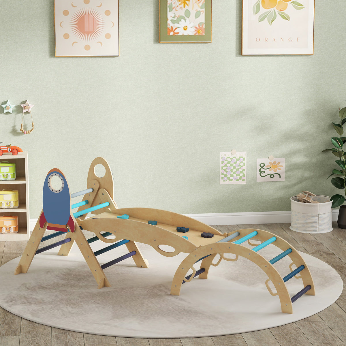 Aiyaplay 8 En 1 Triángulo De Escalada Montessori Con Arco Y Rampa Azul_1