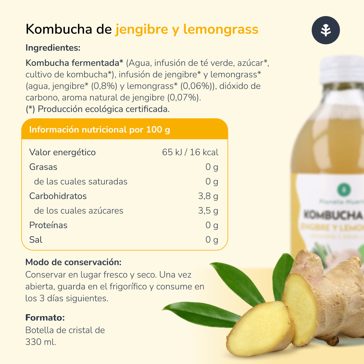Kombucha ECO Jengibre y lemongrass Planeta Huerto 330 ml