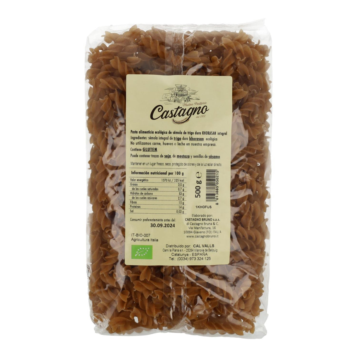 Pasta ecológica en espiral de sémola integral Khorasan Castagno 500 g