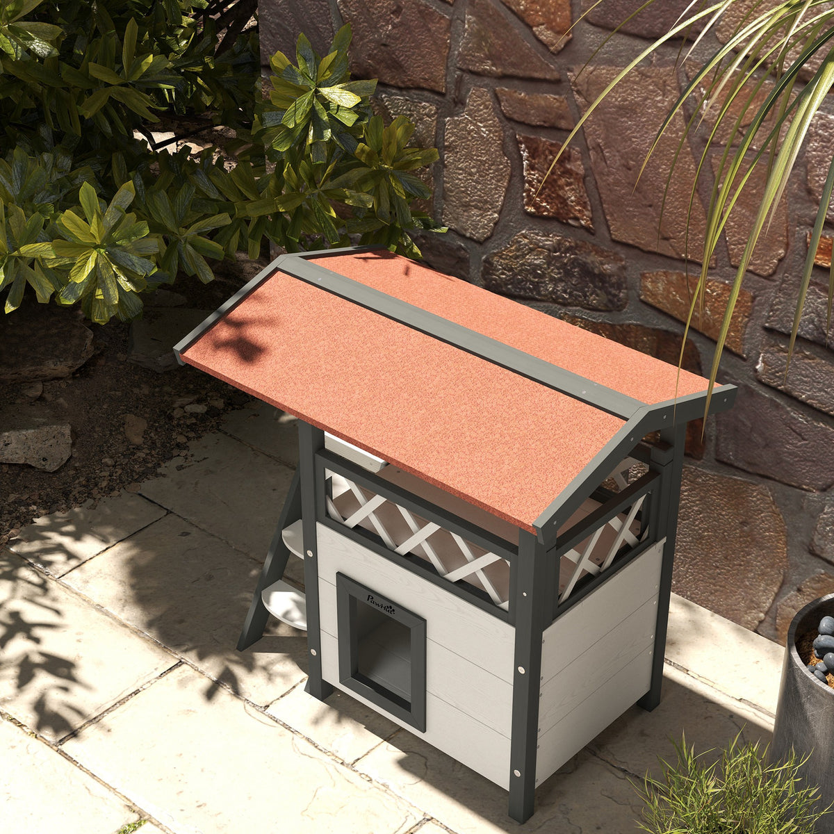 Pawhut Casa Para Gatos De Madera 77x50x73 Cmcon Techo Asfáltico Escalera Blanco_4