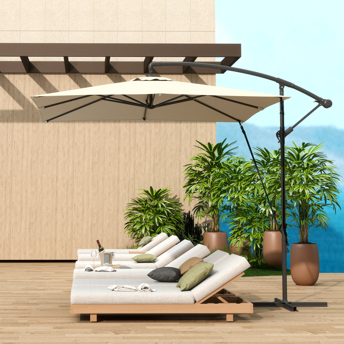 Outsunny Parasol Excéntrico 247x247 Cm Con Base Cruzada Manivela Caqui_1