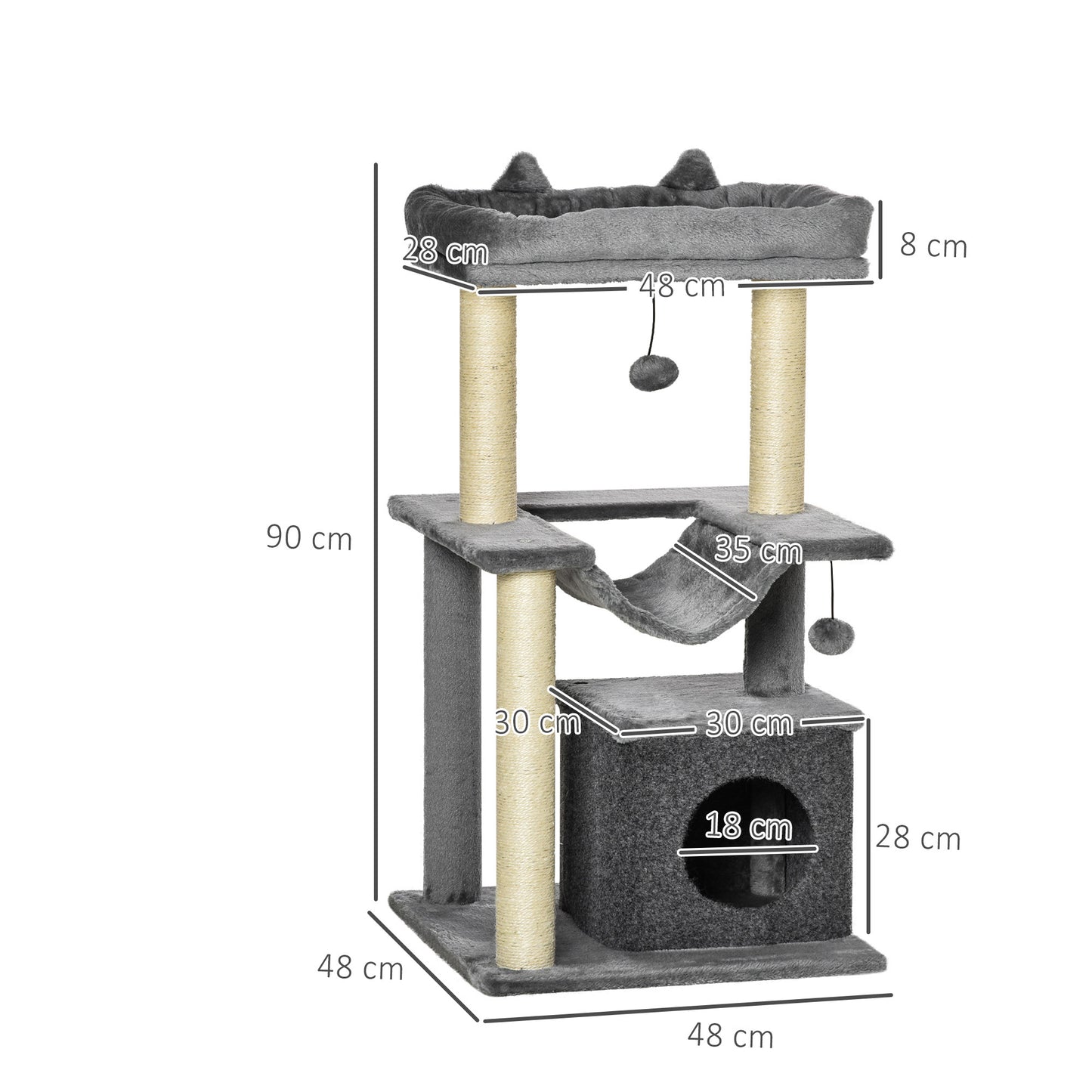Pawhut Árbol Rascador Para Gatos Altura 90 Cm De 3 Niveles 48x48x90 Cm Gris_2