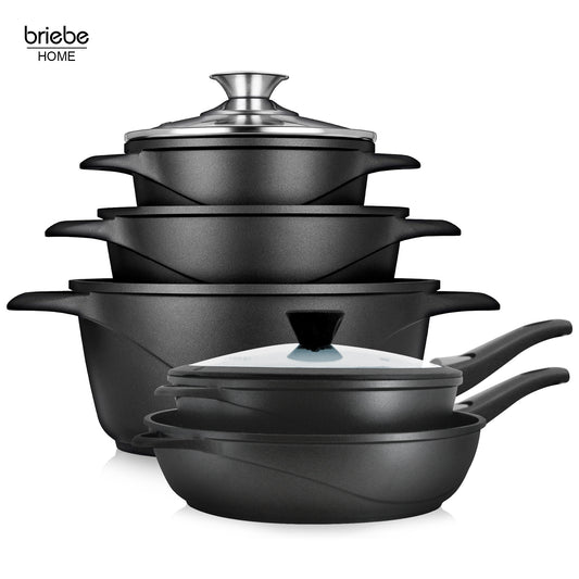 Briebe Batería De Cocina Inducción 10 Piezas Aluminio Fundido 3 Ollas 2 Sartenes Antiadherente Tapas, Mgk1819, Negro_0