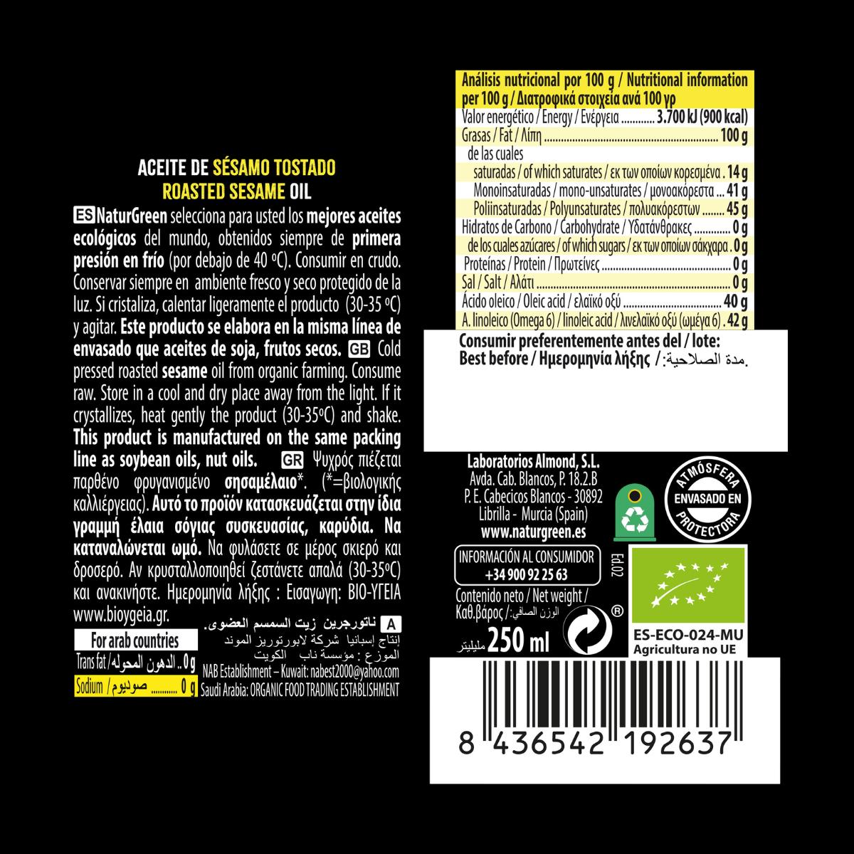 Aceite de Sésamo Tostado Bio NaturGreen 250 ml