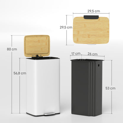 Balde De Lixo Homcom Metal E Bambu Branco 29,5x29,5x56,8 Cm 851-066v00wt_2