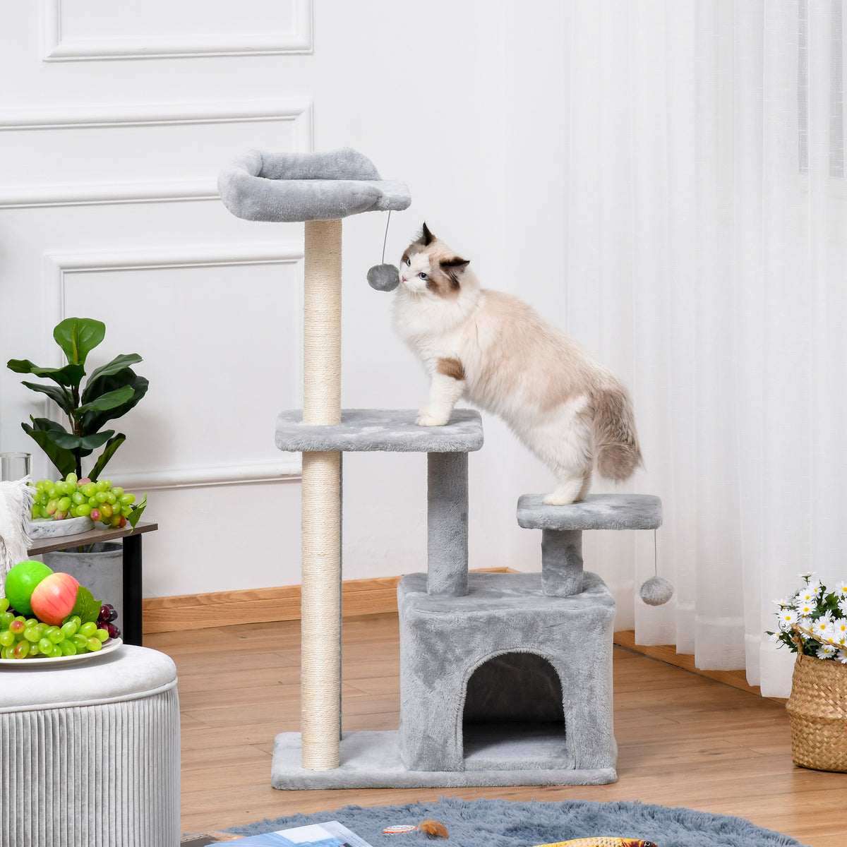 Pawhut Árbol Para Gatos Con Postes De Sisal Plataformas Y Casita Gris Claro_4
