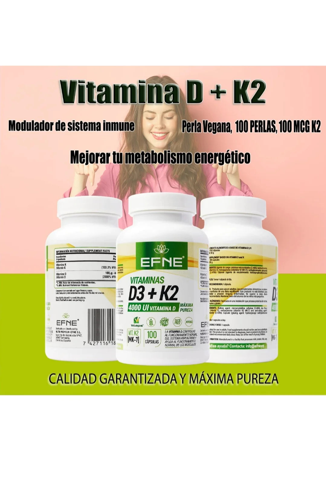 Vitamina D3 + K2 Efne 4000ui Con Mk-7 Natural ( Extracto De Natto ) (sistema Inmune Top, Apatía, Cansancio)_2