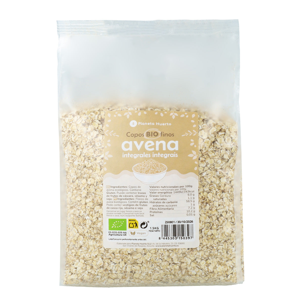 Copos de Avena integral finos ECO Planeta Huerto 1.5 kg