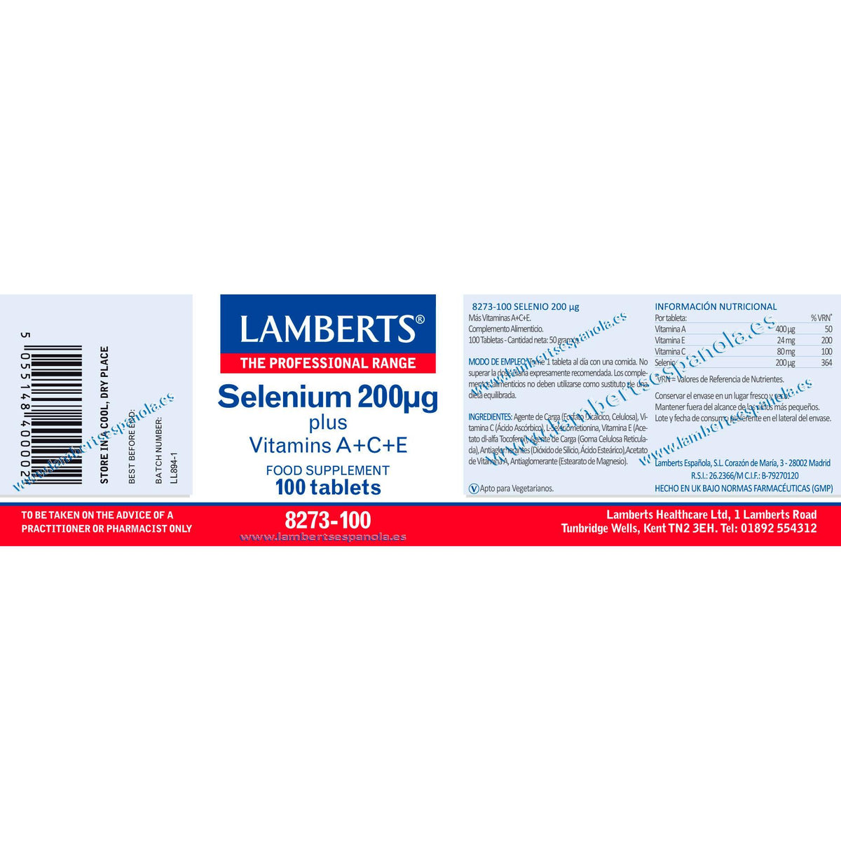 Selenio + Vitaminas A, C y E Lamberts 100 tabletas 200mcg