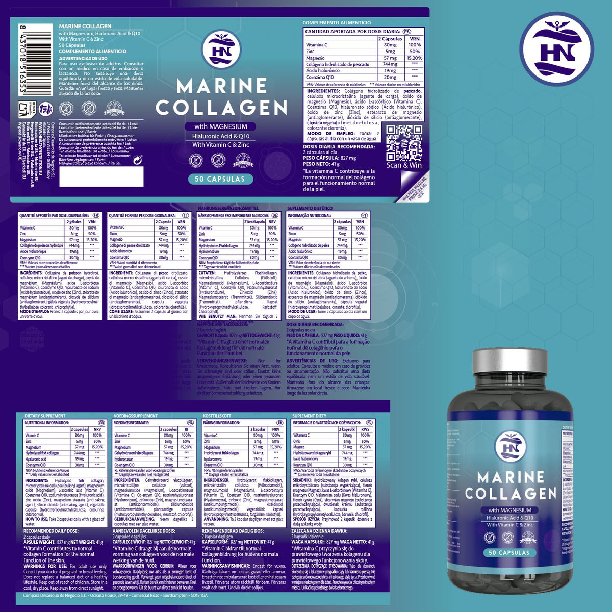 Pack 2 X Colágeno Marino Hidrolizado Con Ácido Hialurónico, Vitamina C, Q10, Zinc Y Magnesio - 2 X 50 Cápsulas_2