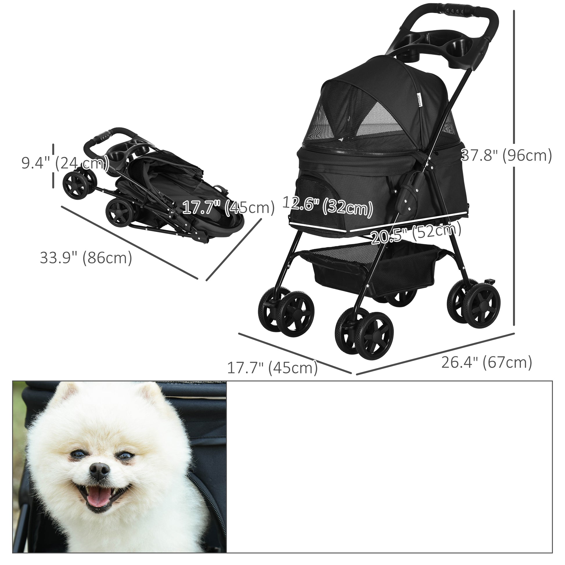 Pawhut Carrito Para Perros Plegable Con Cesta De Almacenaje 67x45x96 Cm Negro_2