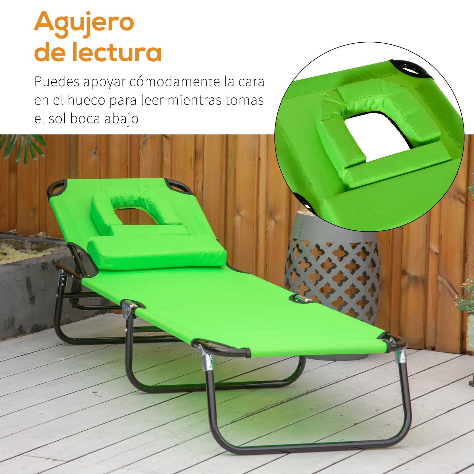 Outsunny Tumbona Plegable De Jardín Con Respaldo Ajustable Almohada Acero Verde_5