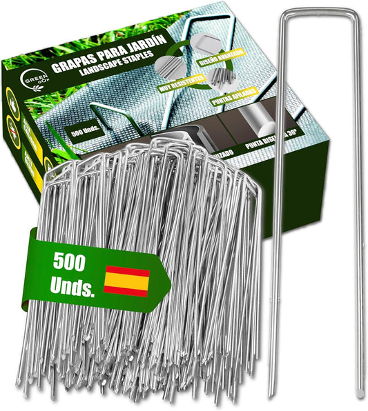 GREEN GOF 500 Grapas Para Malla Antihierba, Cesped Artificial Y Jardin. Acero Galvanizado, 15x4cm, Ø3mm._0