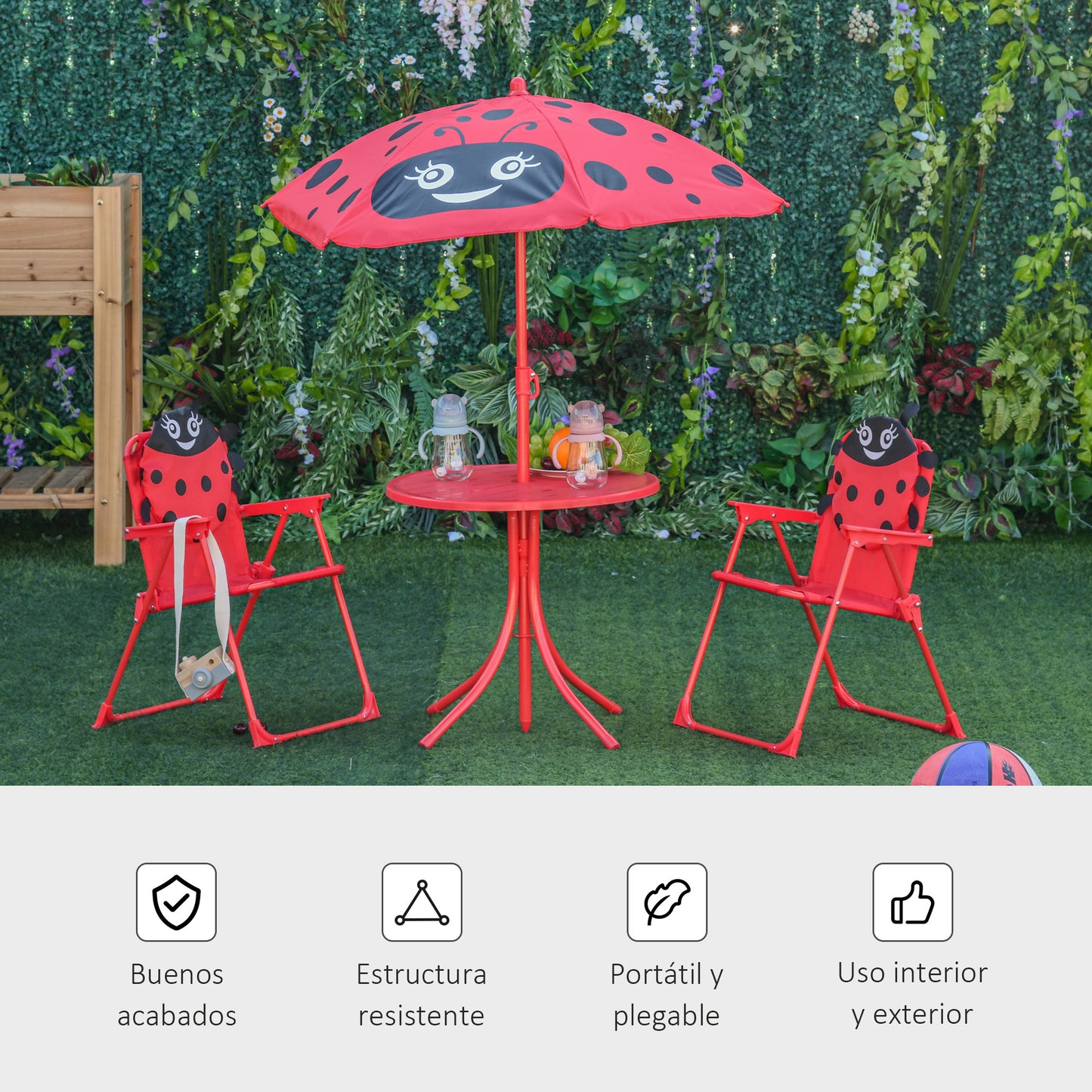 Outsunny Mesa Y Sillas Infantil De Jardín Plegable Con Sombrilla Ajustable Rojo_5