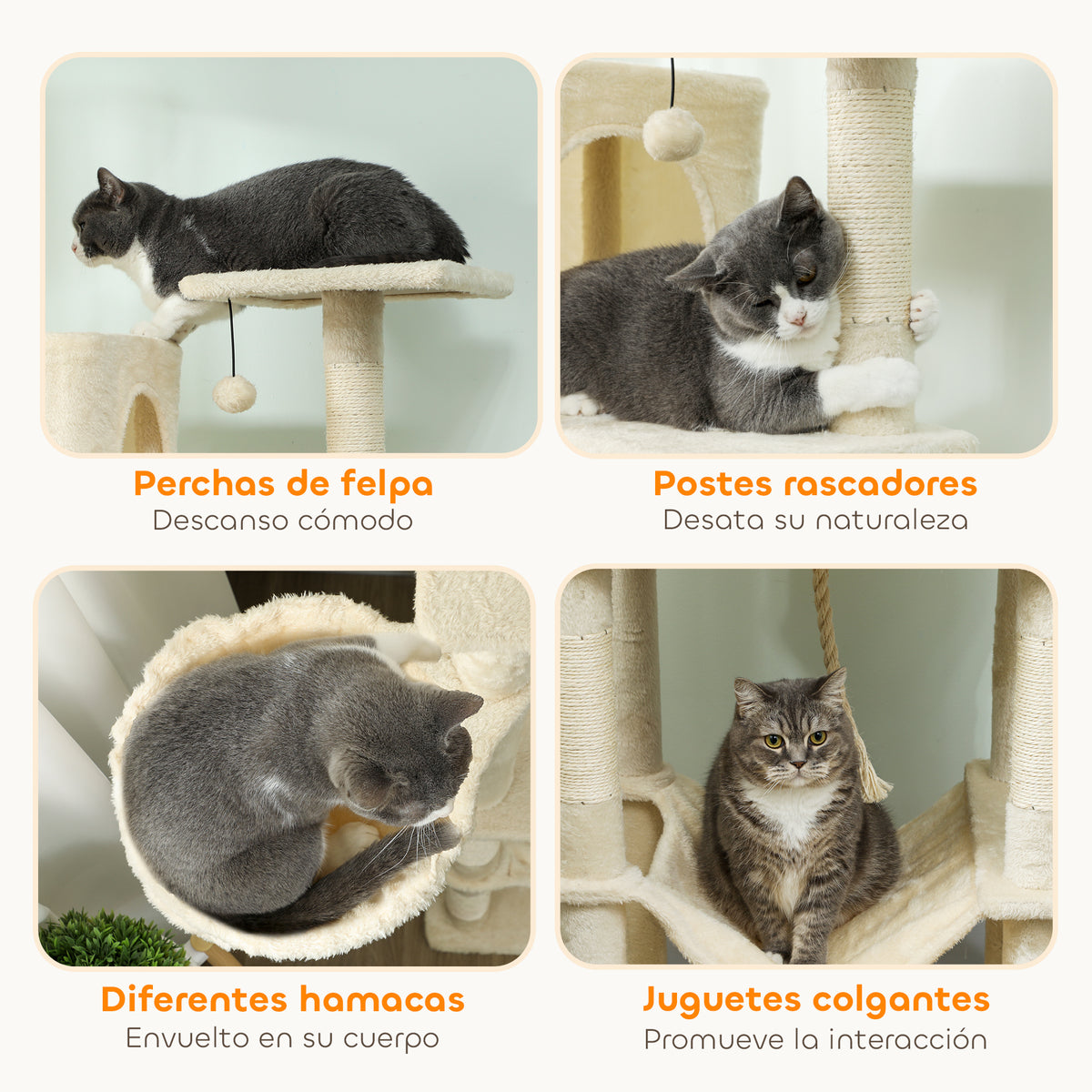 Pawhut Árbol Rascador Para Gatos 202 Cm Con Plataformas 2 Camas 2 Cuevas Beige_5