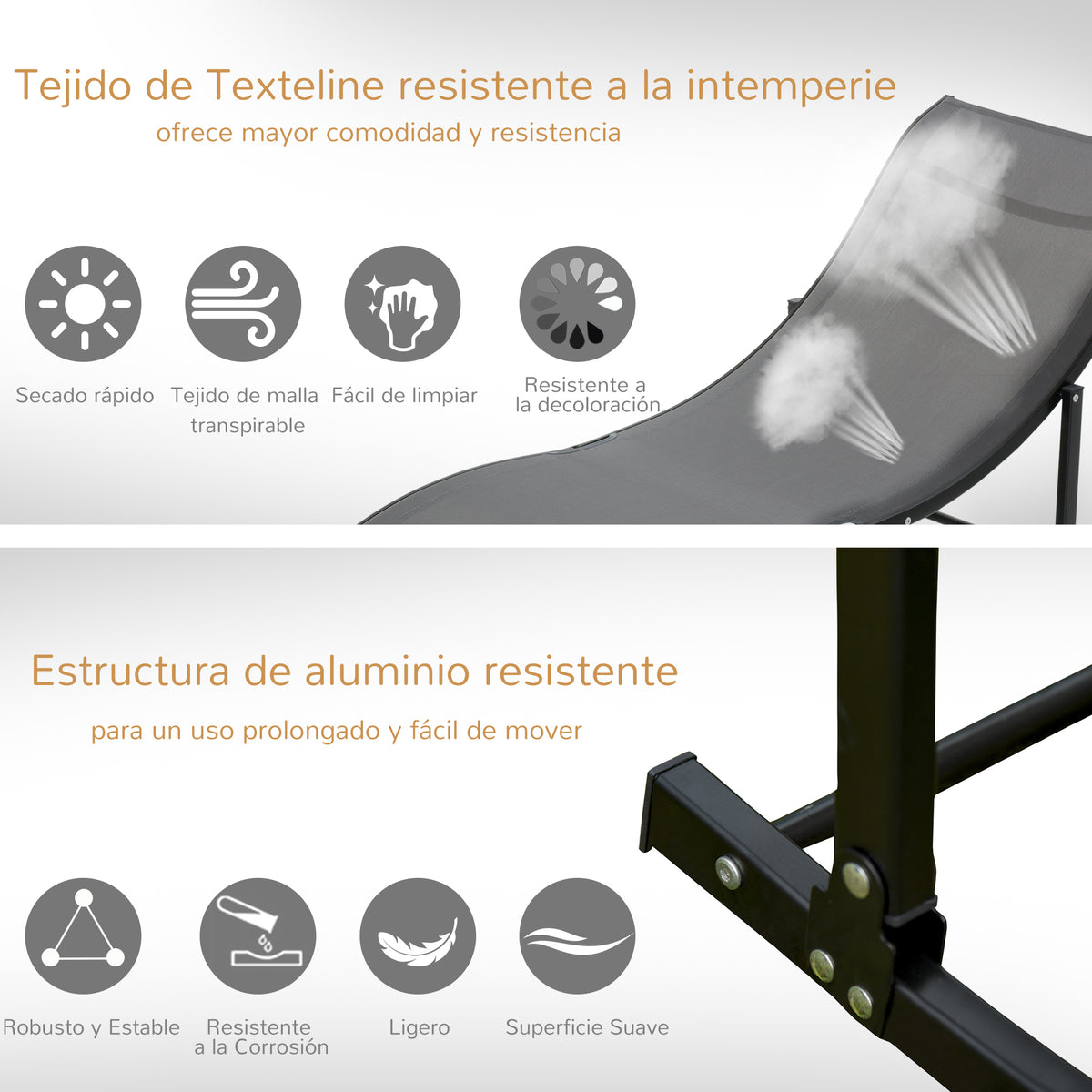 Outsunny Juego De 2 Tumbonas Plegables Con Marco De Aluminio 165x61x63 Cm Gris_5