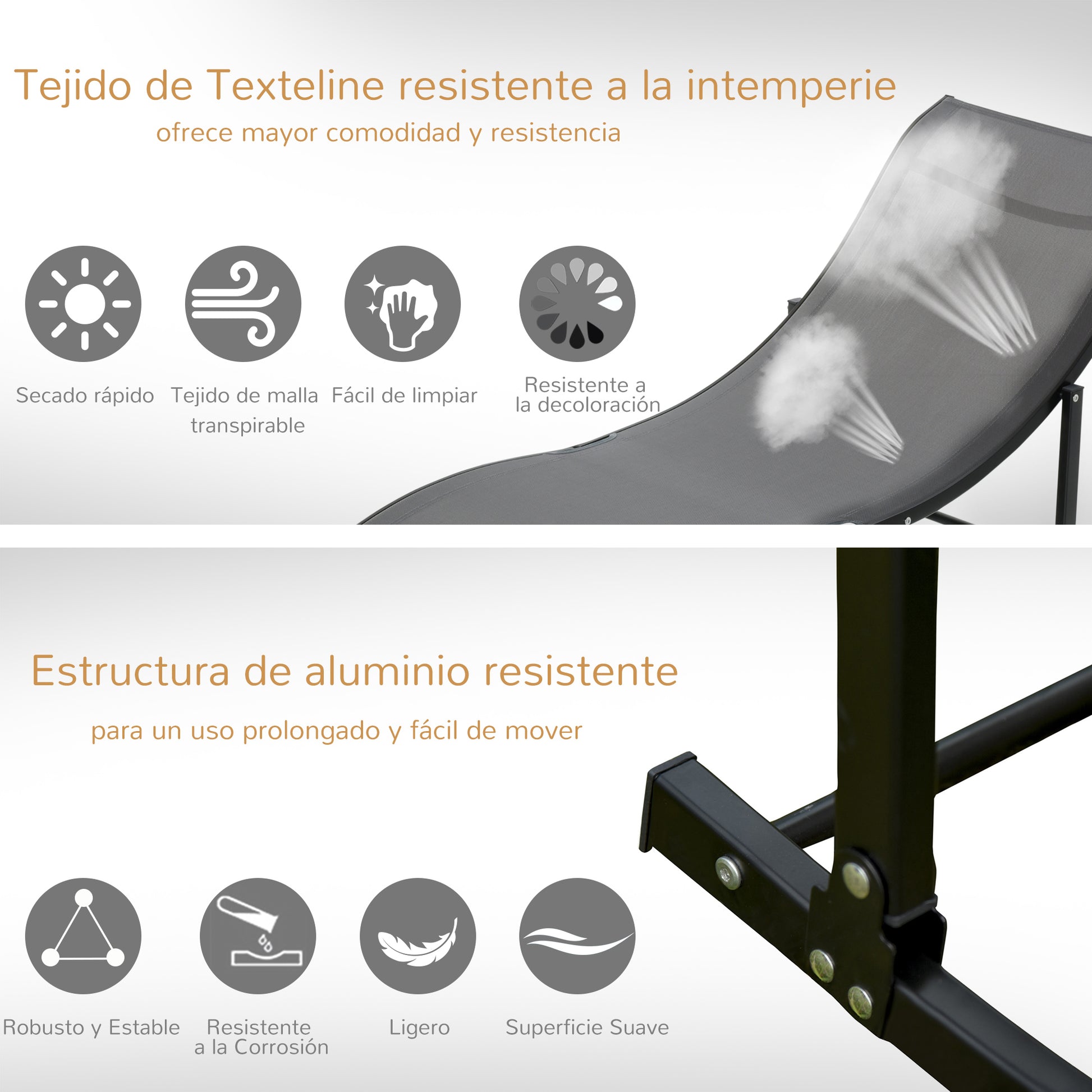 Outsunny Juego De 2 Tumbonas Plegables Con Marco De Aluminio 165x61x63 Cm Gris_5