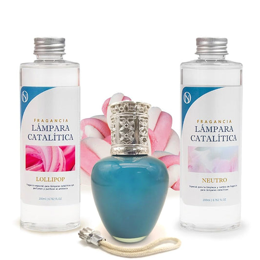 Pack Ahorro Lámpara Catalítica Aqua Marina + Fragancia Lollipop (500ml) + Limpiador Neutro (200ml) + Mecha De Repuesto_0