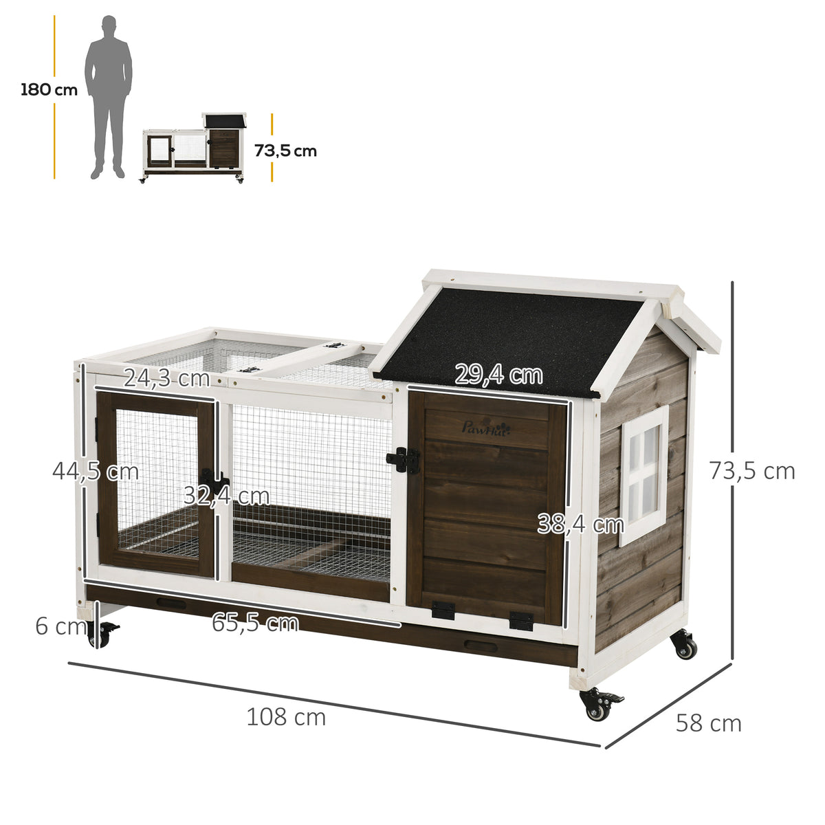 Pawhut Conejera De Madera Con Ruedas 108x58x73,5 Cm Con Techo Abrible Corral_2