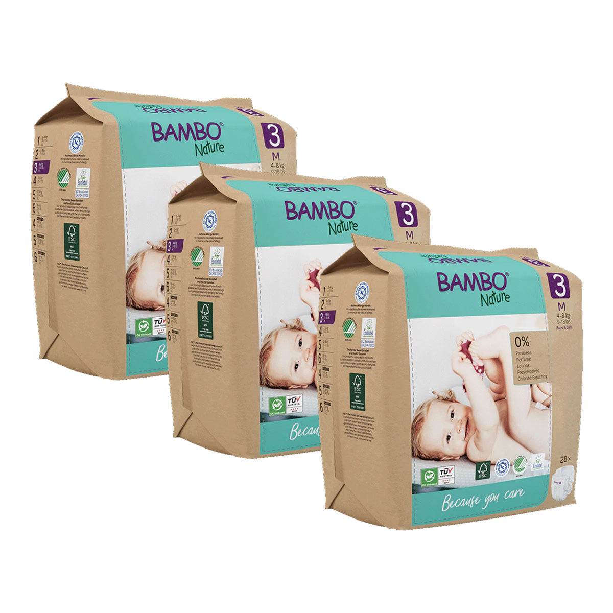 Pack Pañales Bambo Nature talla 3, (4-8 kg), 3 x 28 unidades