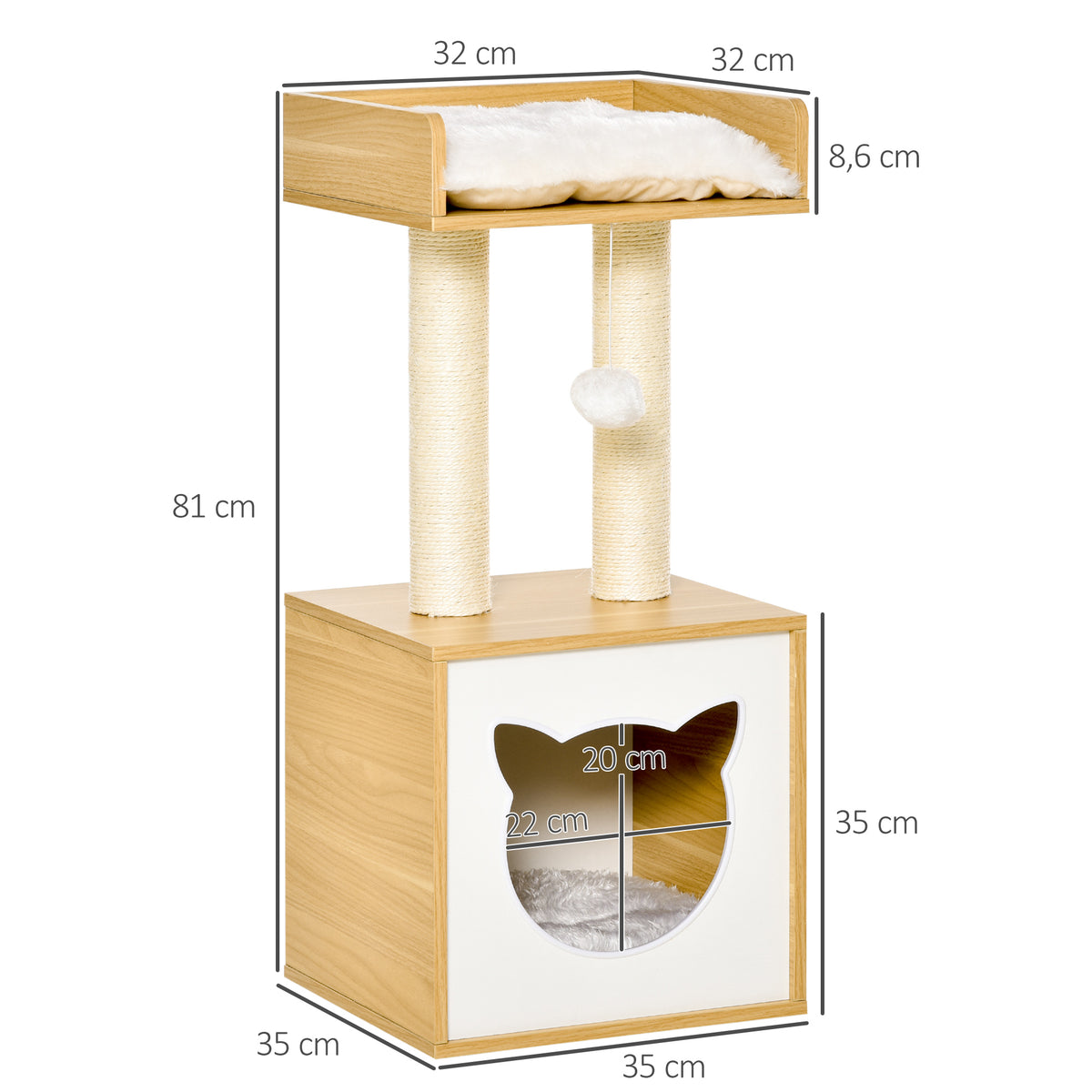 Pawhut Árbol Para Gatos Con Cueva Cama Postes Rascadores Y Cojines 35x35x81 Cm_2