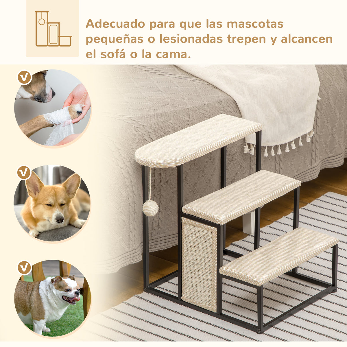 Pawhut Escalera Para Perros De 3 Niveles Con Bola Colgante 47x45x47 Cm Crema_5