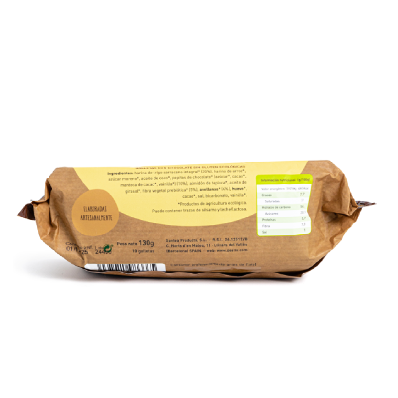Galletas Cookies Sin gluten de Trigo Sarraceno, Chocolate y Avellanas BIO Zealia 130 g