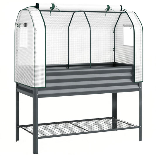 Outsunny Huerto Urbano Elevado Con Estante Y Cubierta 120x55x140 Cm Gris Oscuro_0