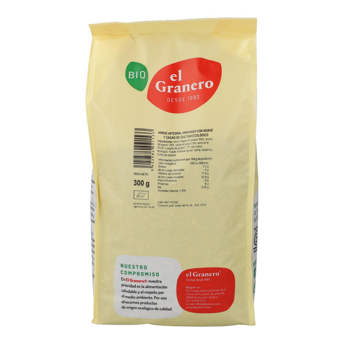 Arroz Integral Hinchado con Ágave y Cacao El Granero, 300g