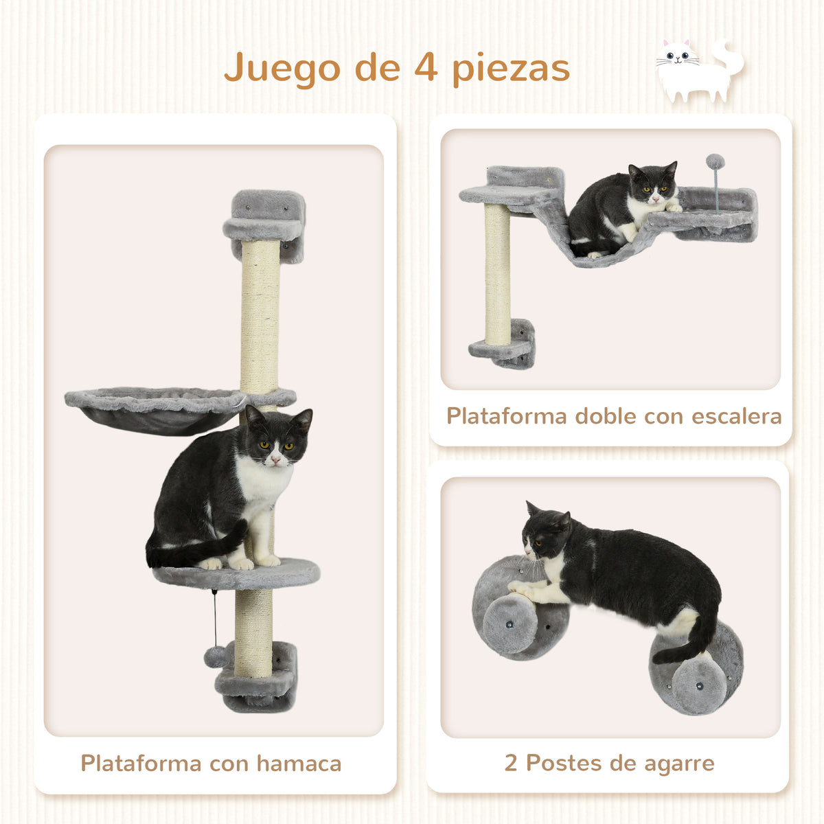 Pawhut Estante De Escalada Para Gatos De Pared Con Hamaca Bola Gris Y Beige_4