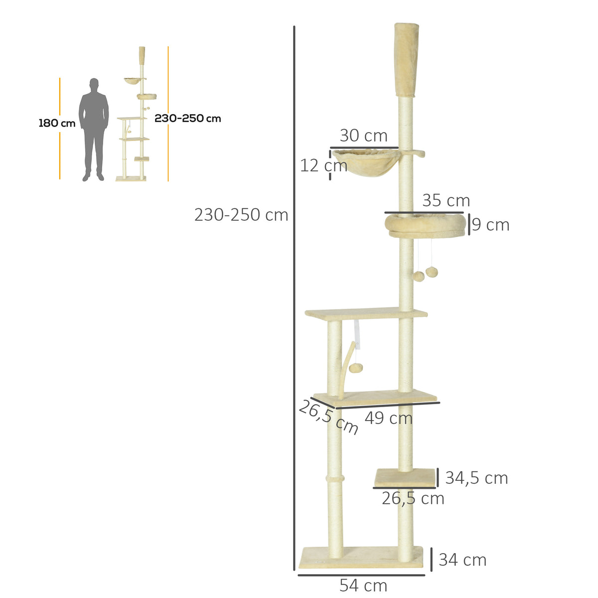 Pawhut Árbol Para Gatos De Suelo A Techo De 230-250cm Con Altura Ajustable Beige_2