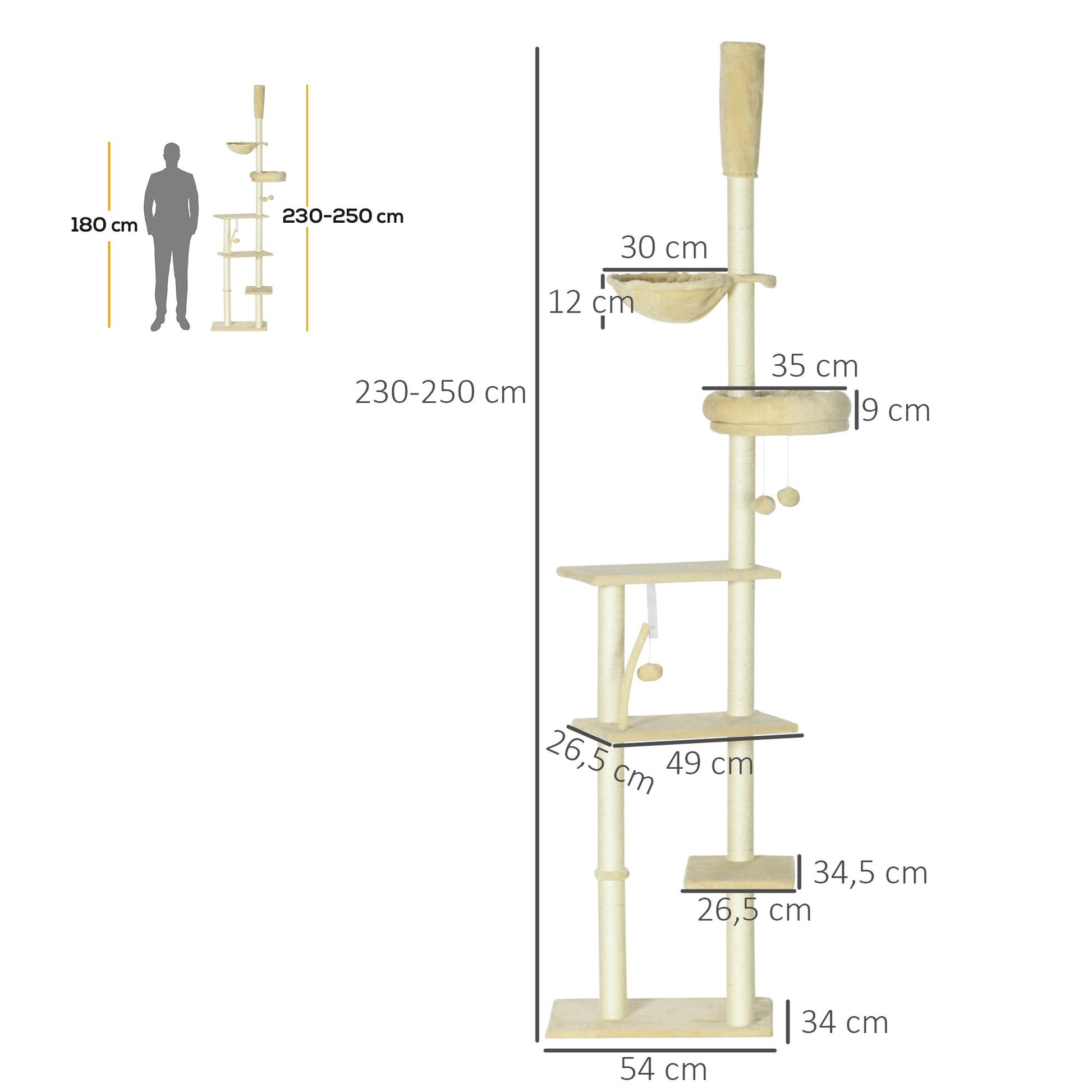 Pawhut Árbol Para Gatos De Suelo A Techo De 230-250cm Con Altura Ajustable Beige_2