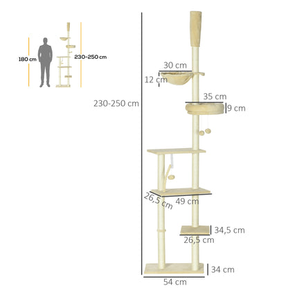 Pawhut Árbol Para Gatos De Suelo A Techo De 230-250cm Con Altura Ajustable Beige_2