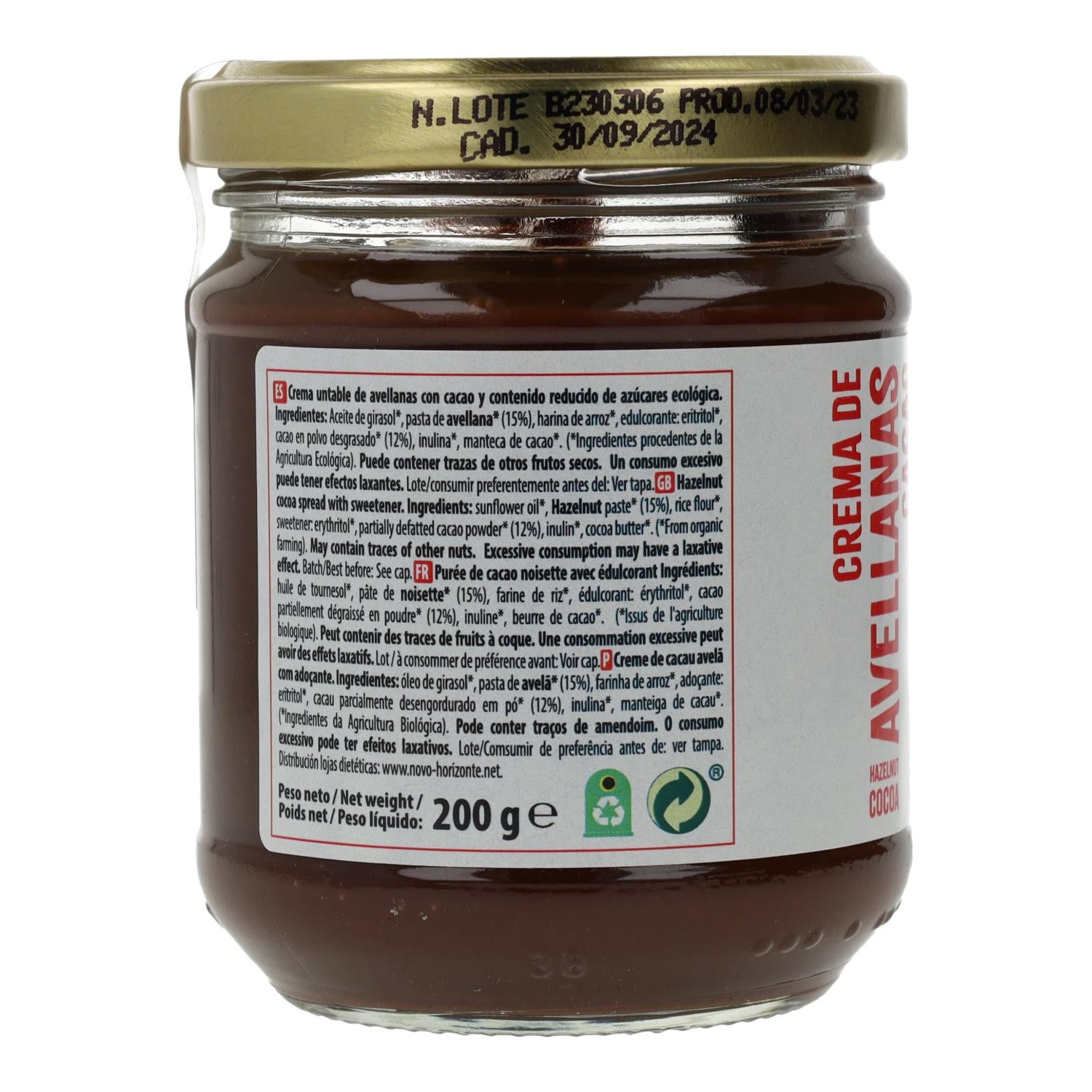 Crema de Avellanas y Cacao contenido reducido de azúcares Naturgreen 200 g