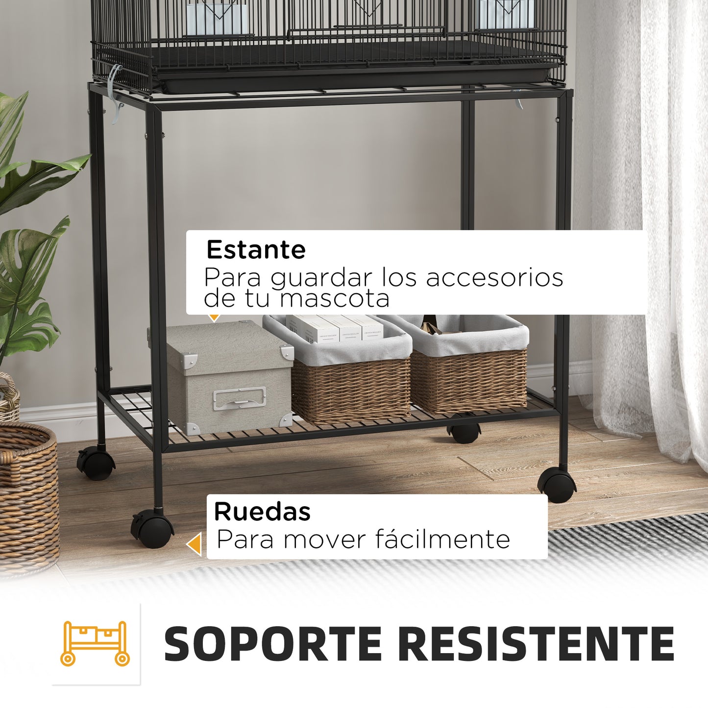 Pawhut Jaula Para Pájaros Doble Apilable 77x46x164 Cm Con Ruedas Negro_3