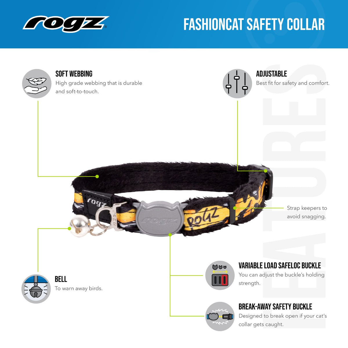 Collar Para Gato Fashioncat Estampado Amarillo Rogz Ajustable 20-31cm_3