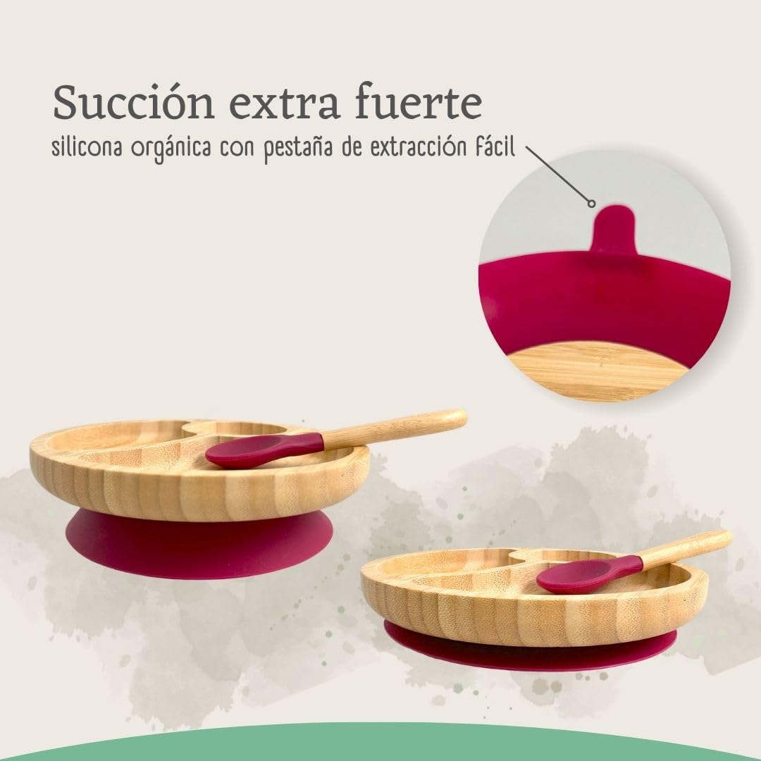Vajilla De Bambú Natural Para Bebé Con Ventosa Antideslizante 2 Piezas Althea Living Rojo Carmesí_1