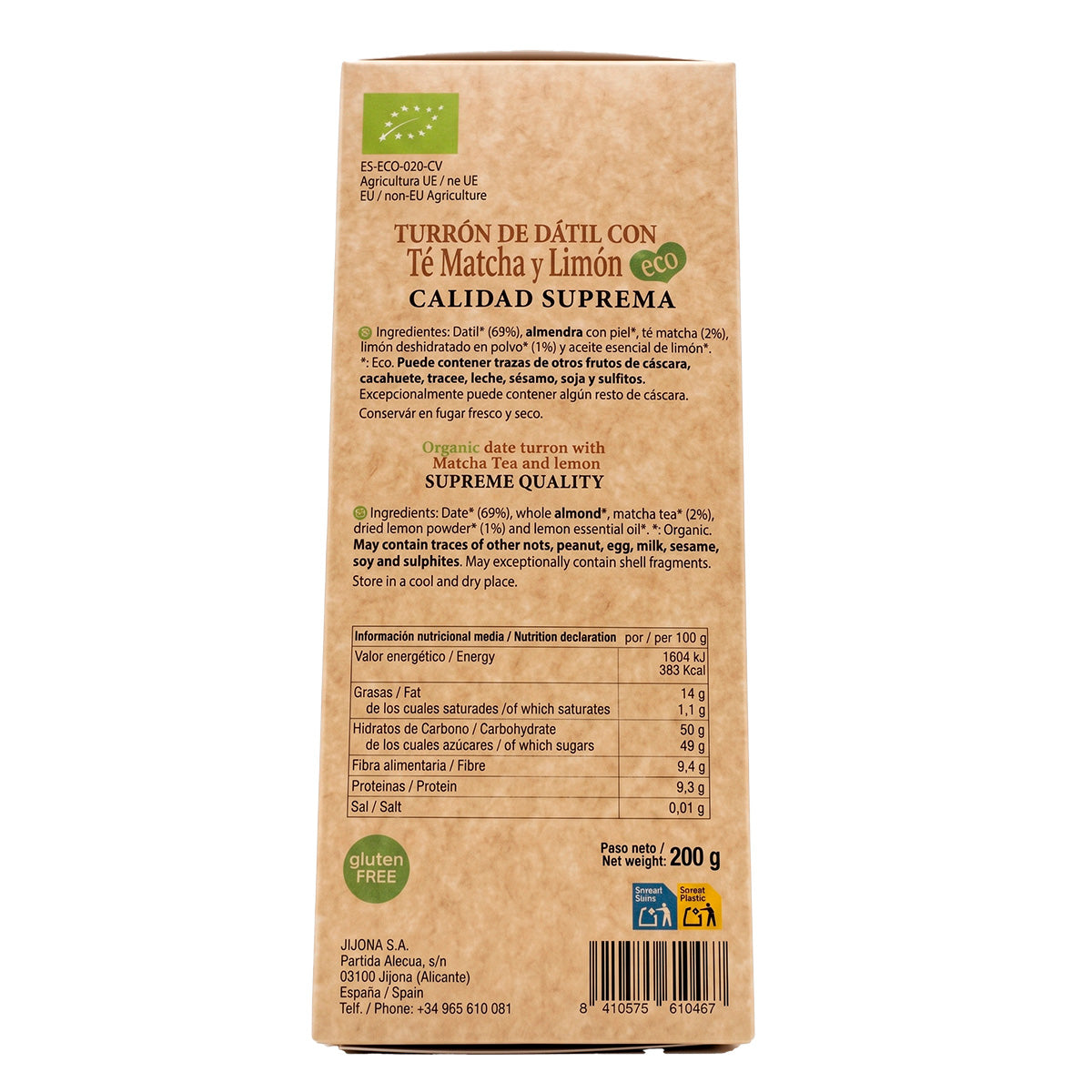 Turrón de Dátil con Té Matcha y Limón ECO El Abuelo 200 g